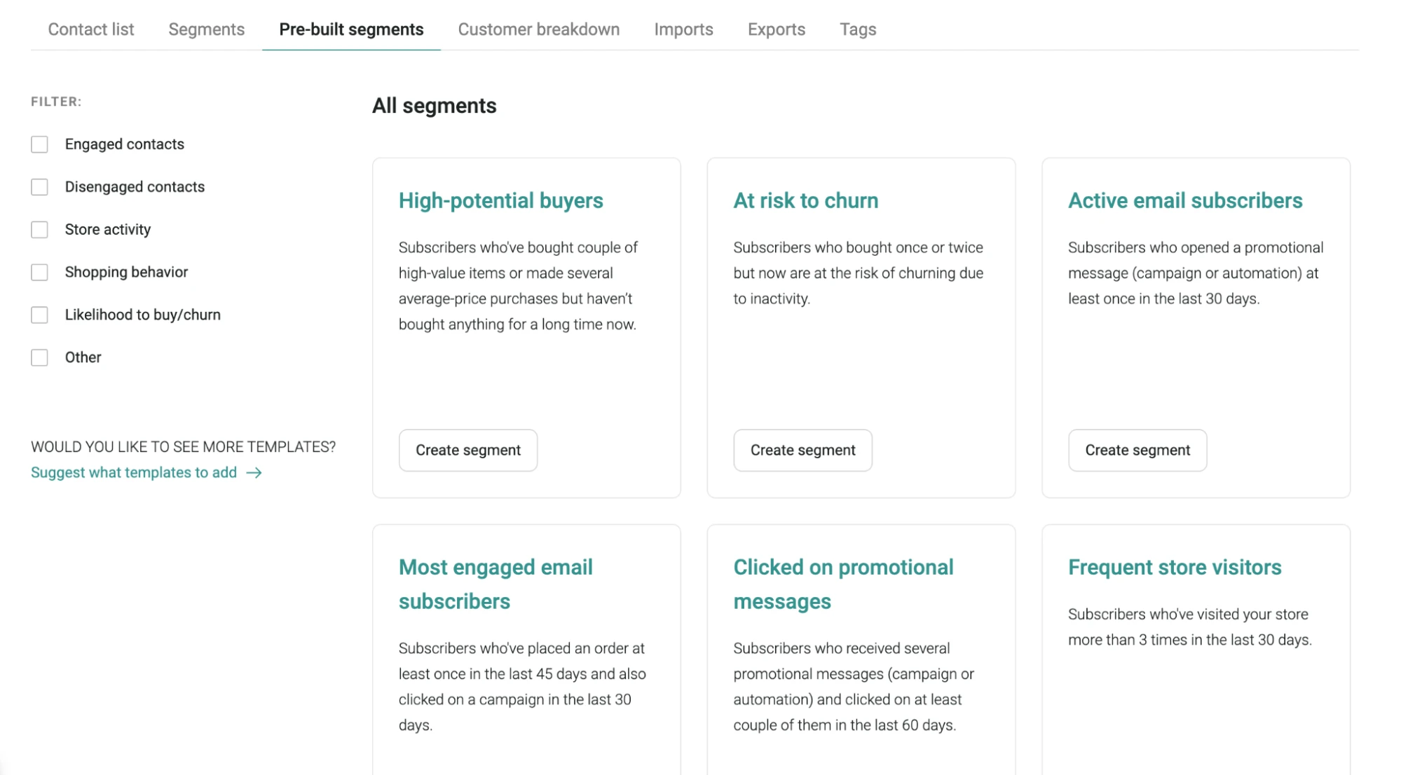 Omnisend's prebuilt customer segments