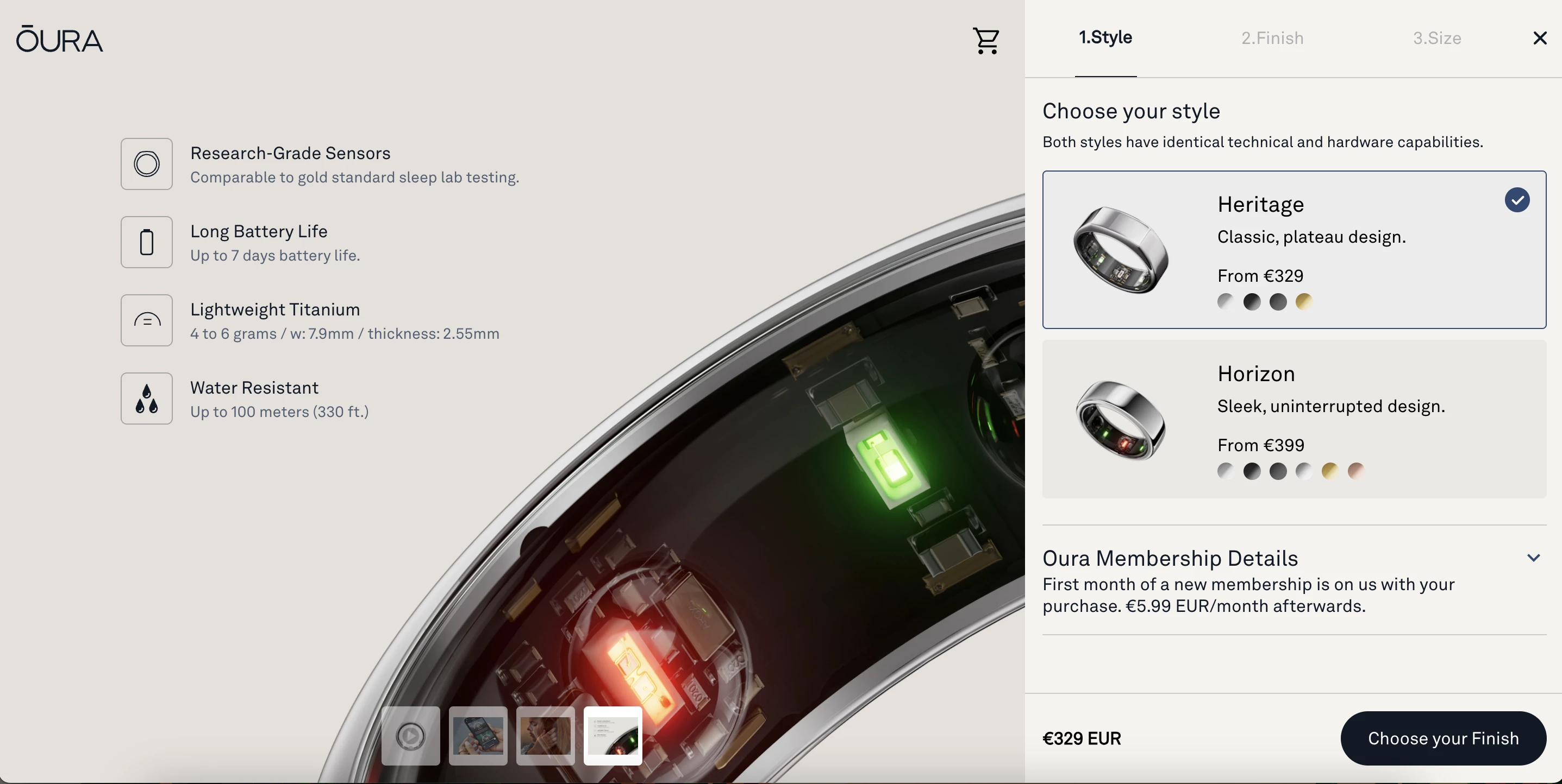 Oura ring upsell options.