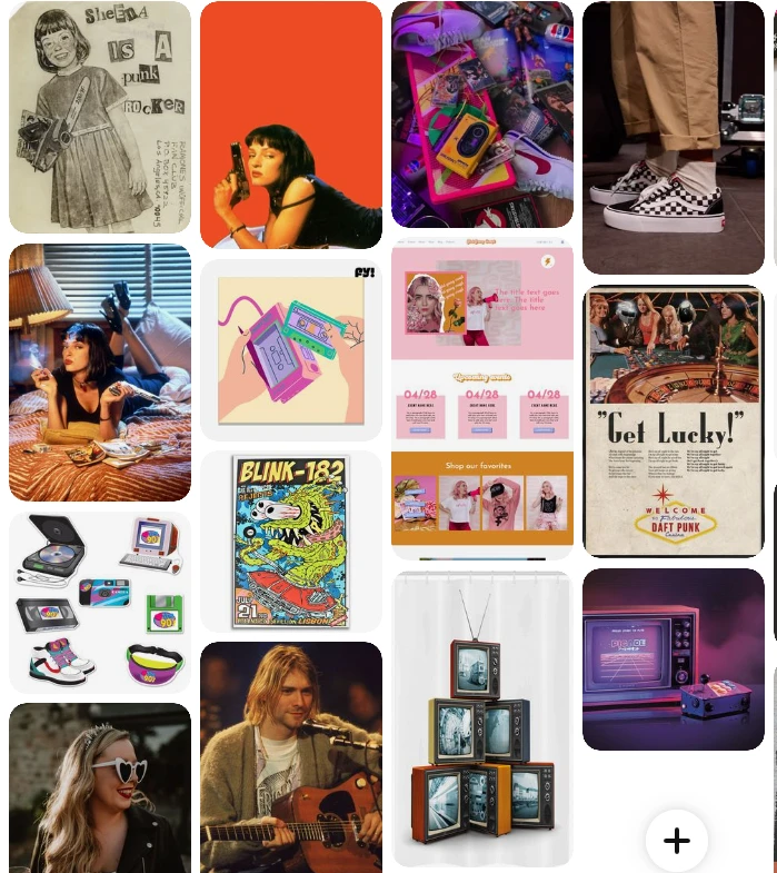 A pinterest board showing various images of grunge bands and 90s tech