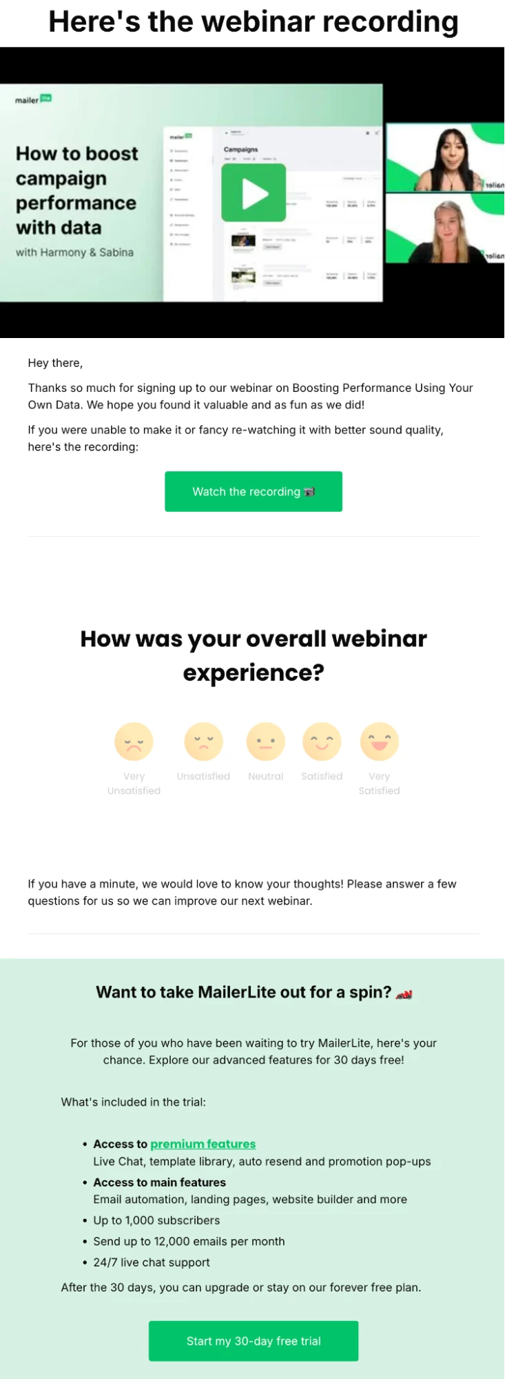 Our How to boost campaign performance webinar recording email with a Customer Satisfaction survey