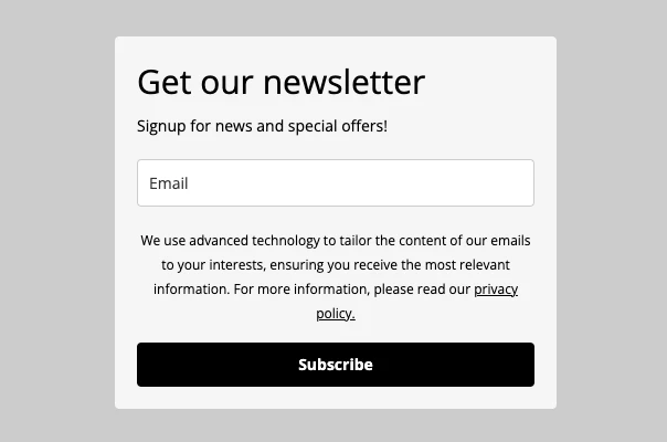 An email sign-up form with AI-use disclaimer