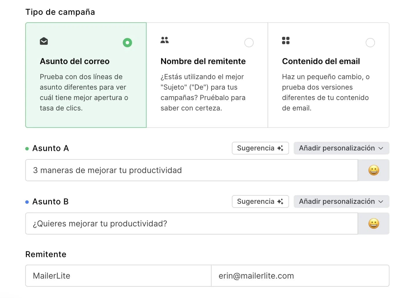 Prueba A/B de línea de asunto