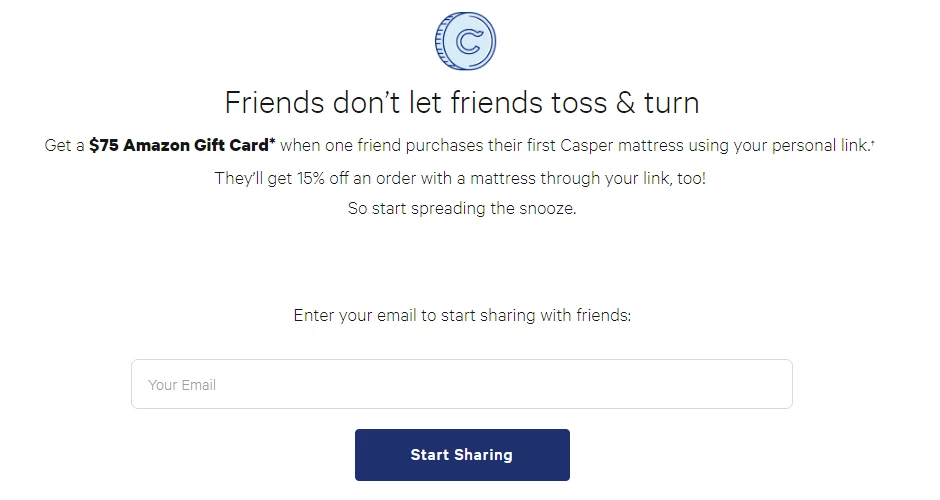 Casper referral program example $75 amazon gift card page on their website