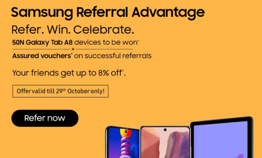 Samsung referral advantage refer a friend email yellow background win galaxy tab