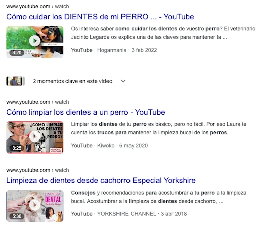 Captura de pantalla de resultados de videos de youtube en google search