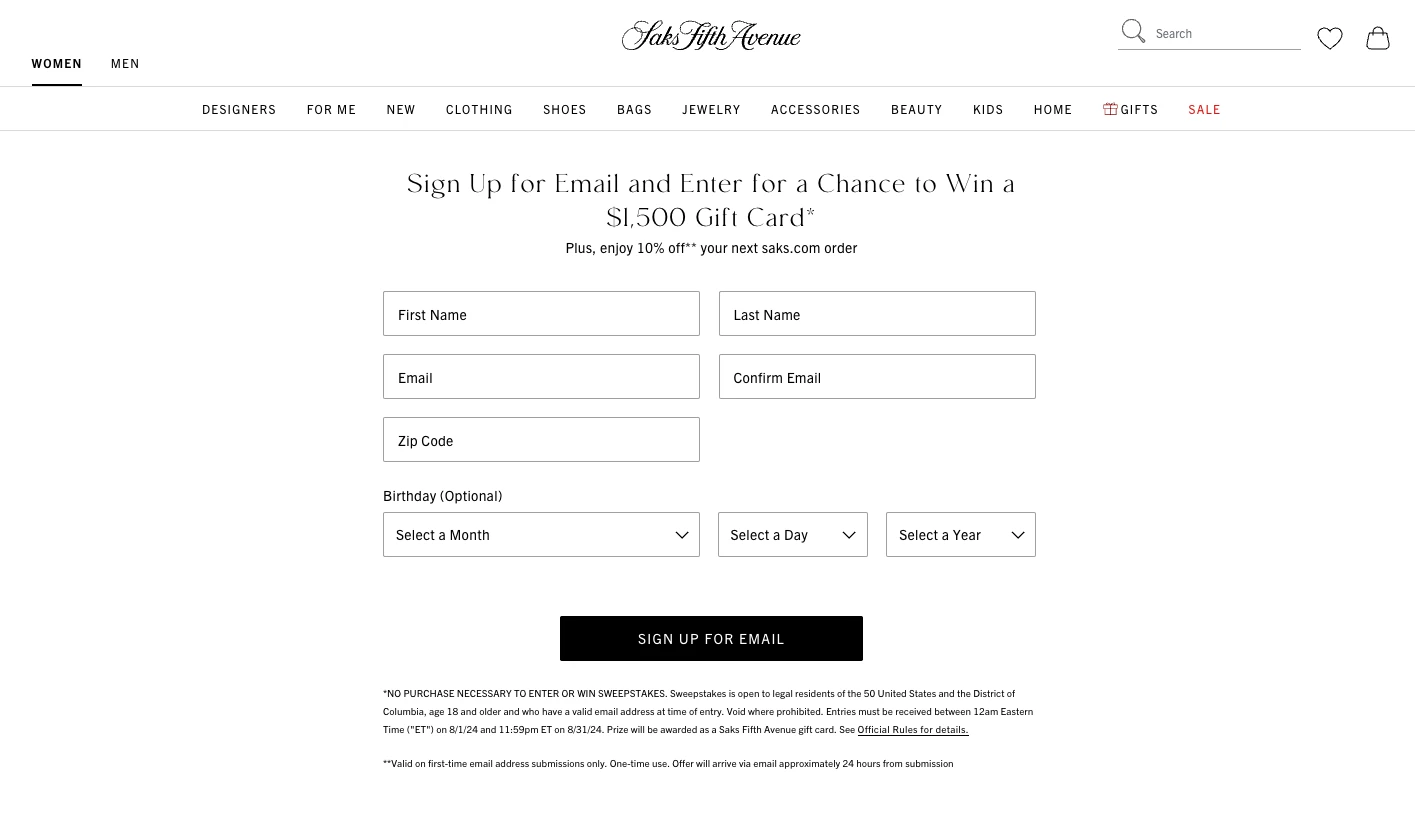 Saks Fifth Avenue signup form