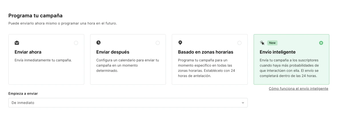 MailerLite programa tus opciones de campaña, incluido el envío inteligente