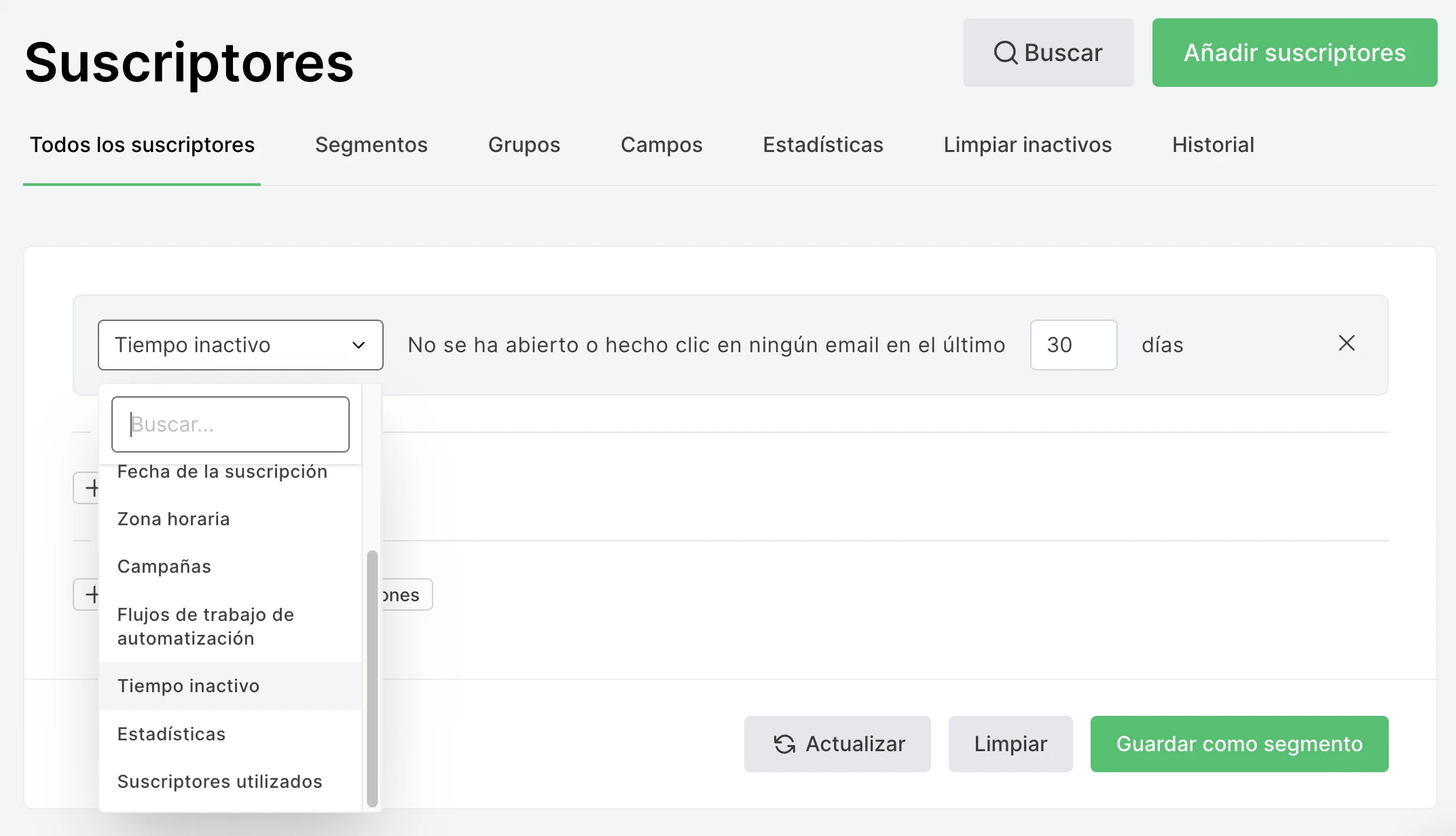 mostrar la gestión de suscriptores inactivos en el panel de control - MailerLite