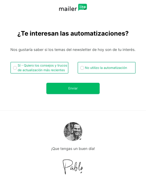 Un correo que incluye encuesta de una sola pregunta