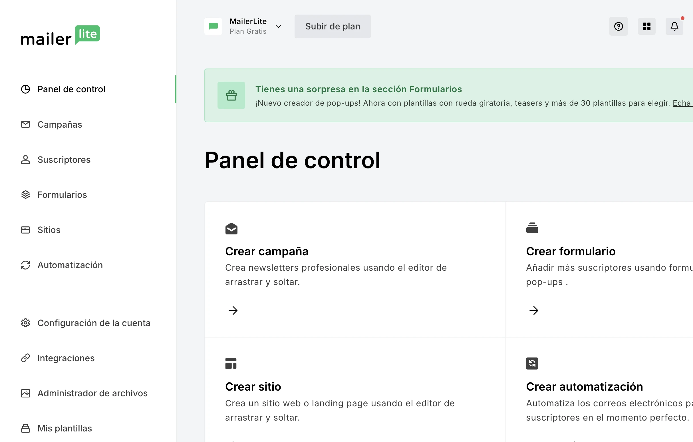 Panel de control de MailerLite