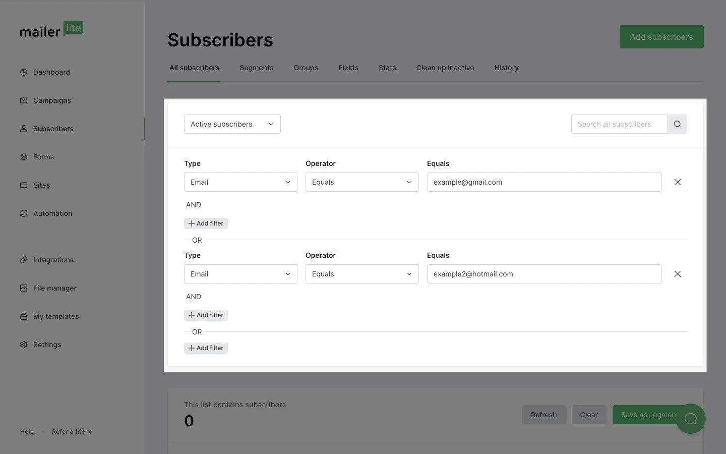 Subscriber filters in MailerLite