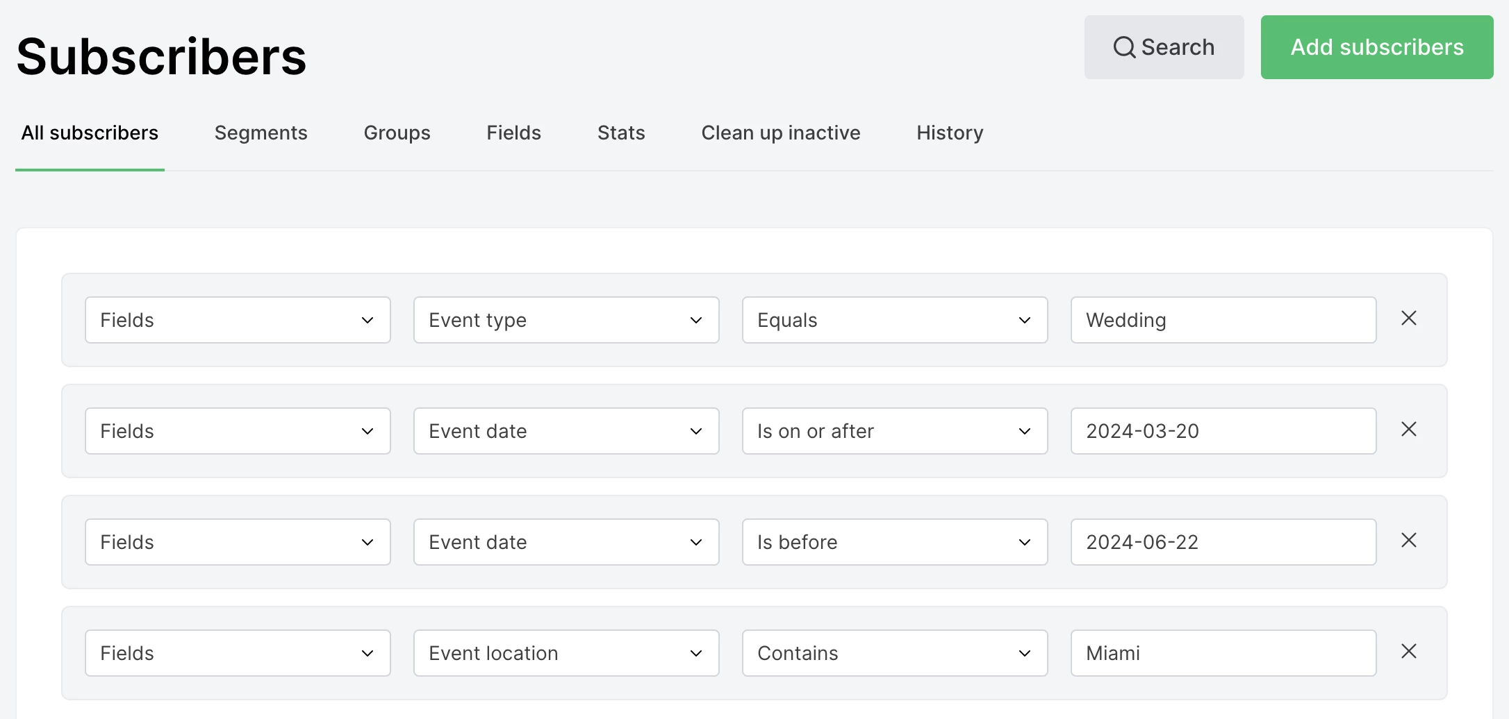 Segment created using custom fields in MailerLite dashboard