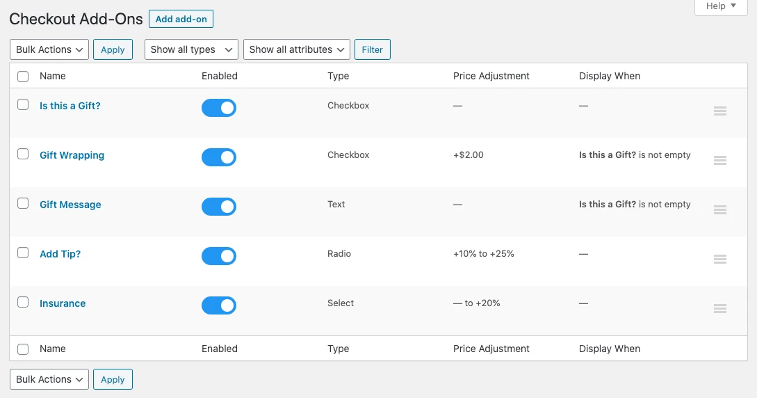 An example of how the SkyVerge WooCommerce Checkout Add-ons plugin works on the backend. 