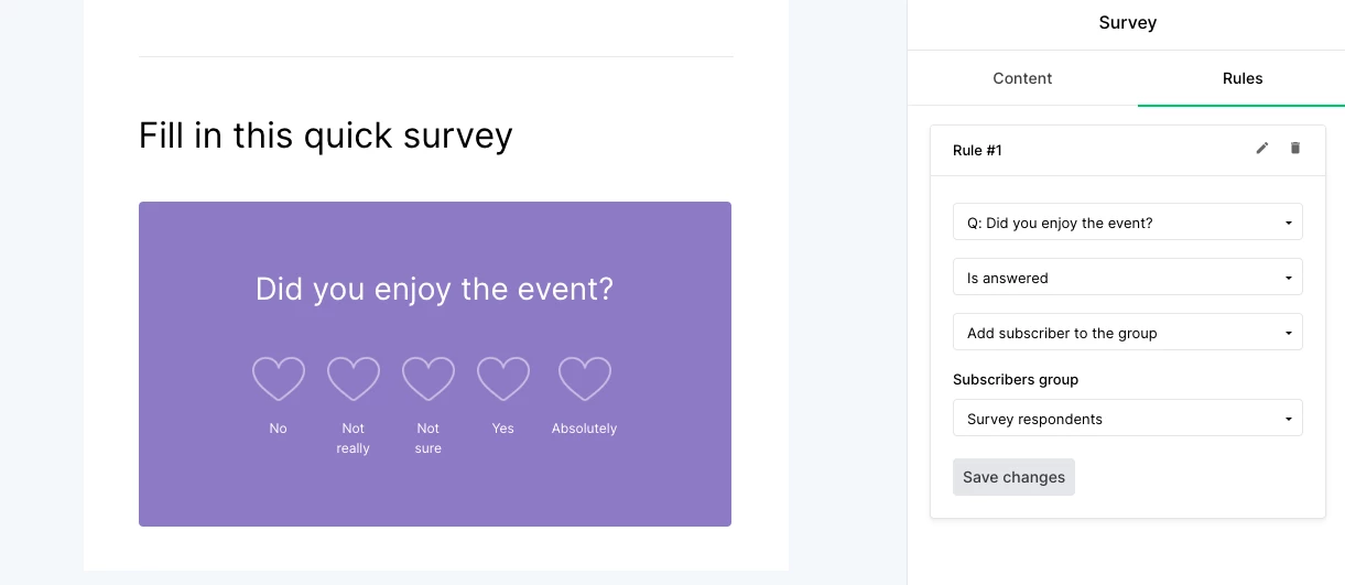 Survey rules settings in MailerLite app