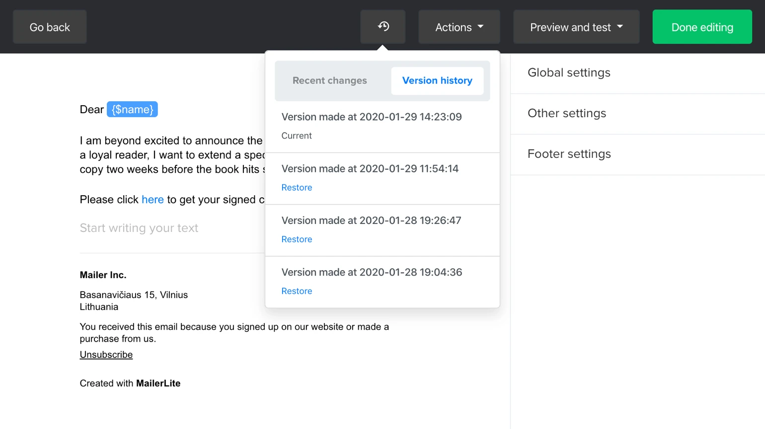 Newsletter history version tracking