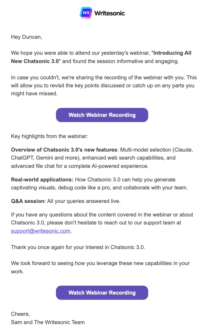 Event email linking to a recording