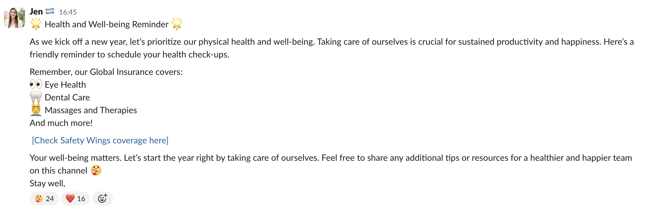 screenshot of message in #well-being channel