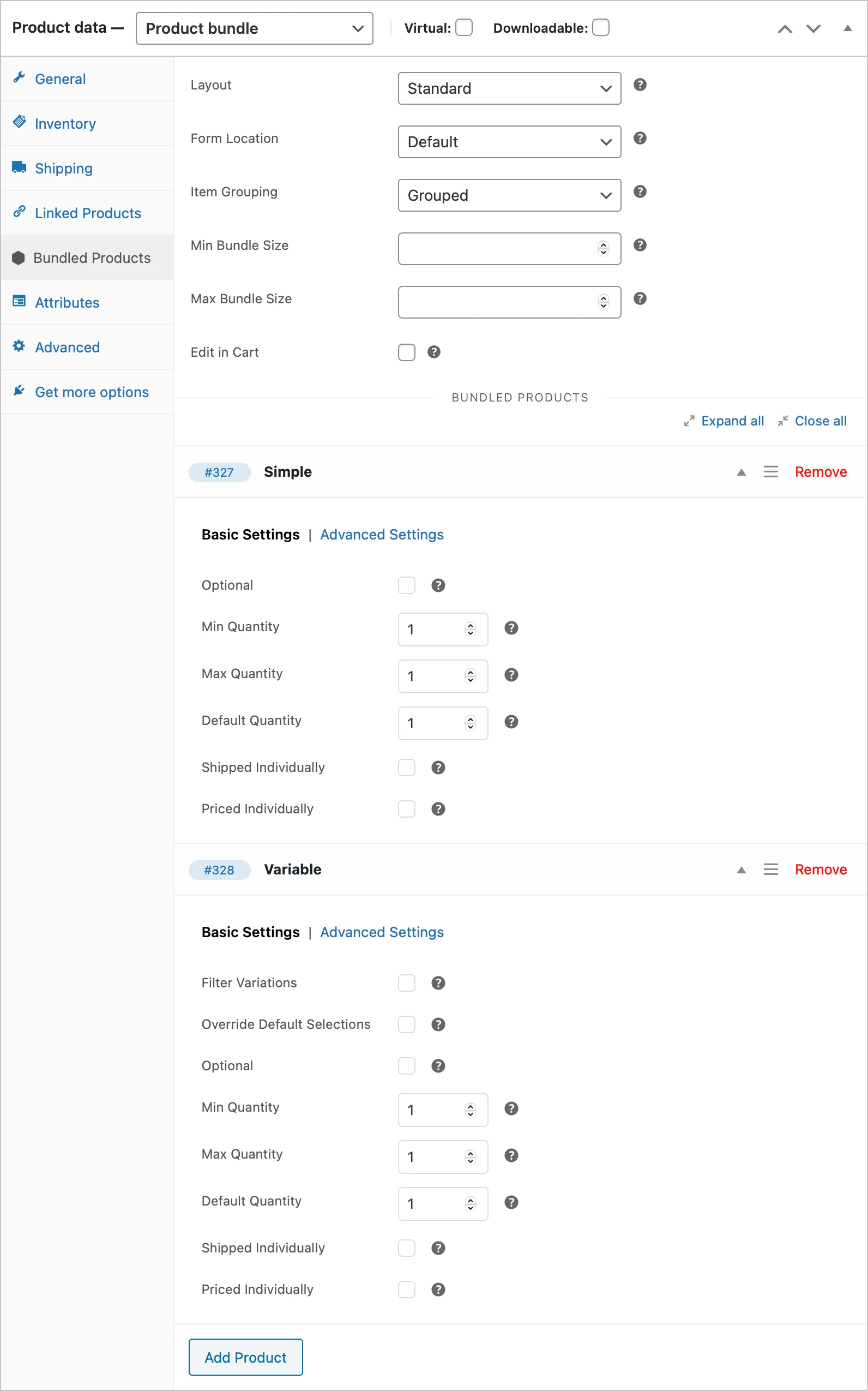 An example of how the WooCommerce Product Bundles plugin works on the backend. 