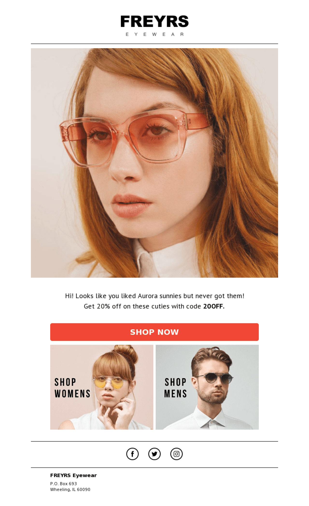 FREYRS Eyewear przykład - Stworzony przy użyciu MailerLite