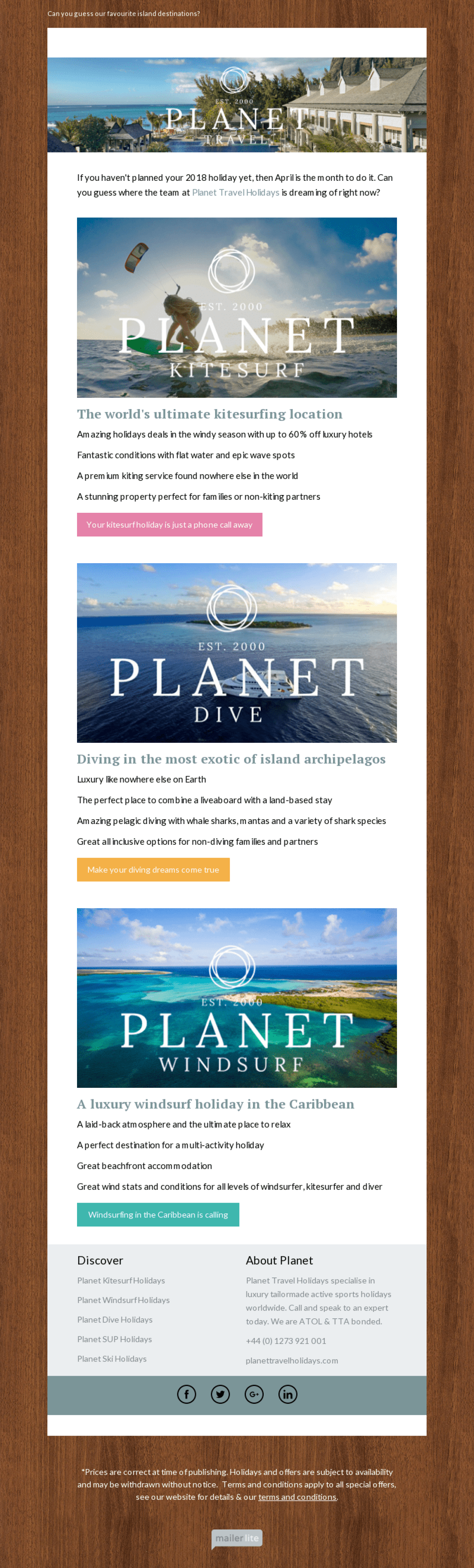 Planet Travel ejemplo - Diseño de MailerLite